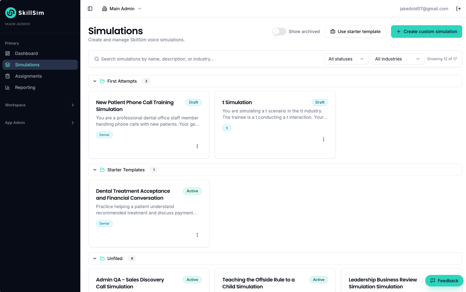 SkillSim simulations library, grouped by folder with status filters.